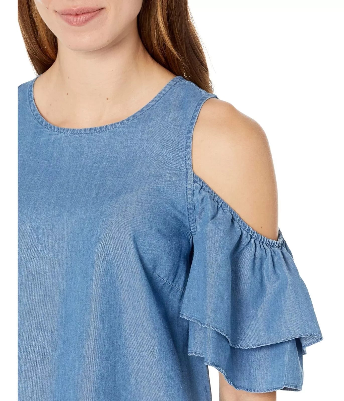 Michael Kors Tiered-Sleeve Cold-Shoulder Denim-Like Top - Size XS