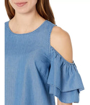 Michael Kors Tiered-Sleeve Cold-Shoulder Denim-Like Top - Size XS