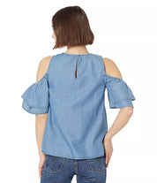 Michael Kors Tiered-Sleeve Cold-Shoulder Denim-Like Top - Size XS