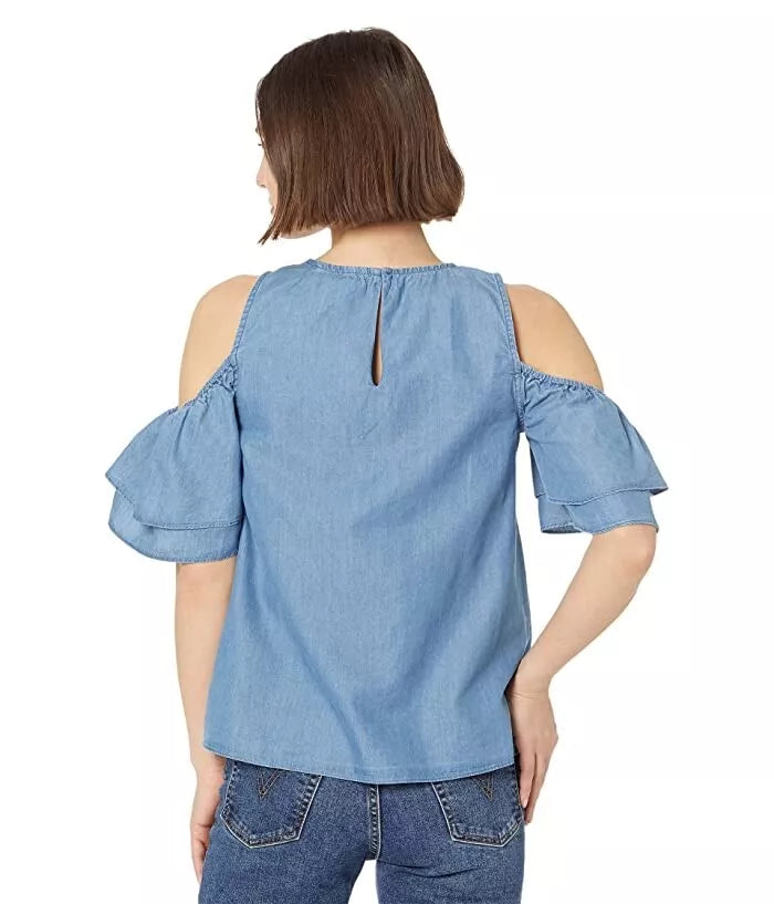 Michael Kors Tiered-Sleeve Cold-Shoulder Denim-Like Top - Size XS