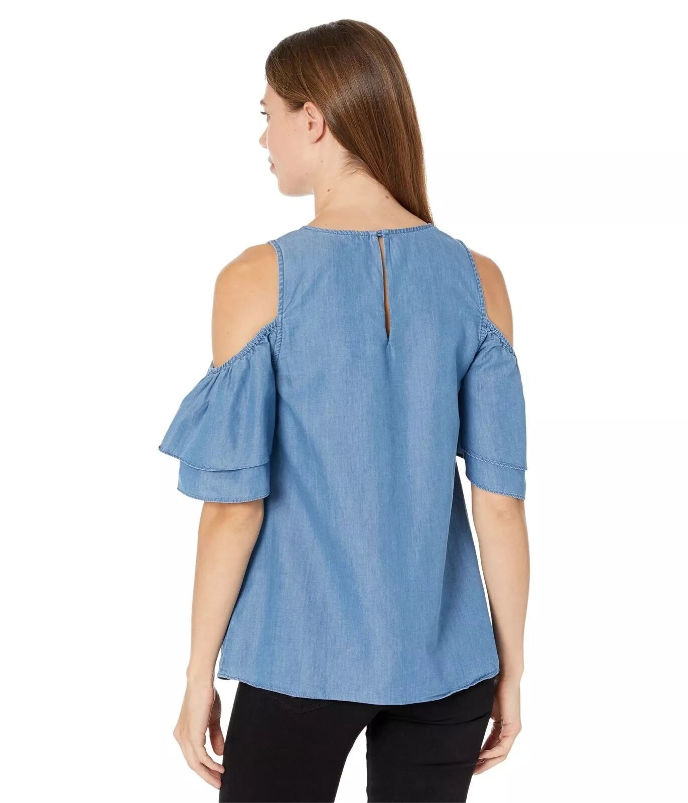 Michael Kors Tiered-Sleeve Cold-Shoulder Denim-Like Top - Size XS