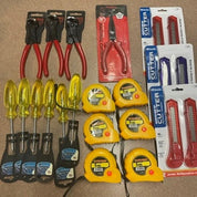 28-Piece Wholesale Tool Lot – Box Cutters, Wire Cutters, Measuring Tapes, Phillips Screwdrivers, Needle Nose Pliers
