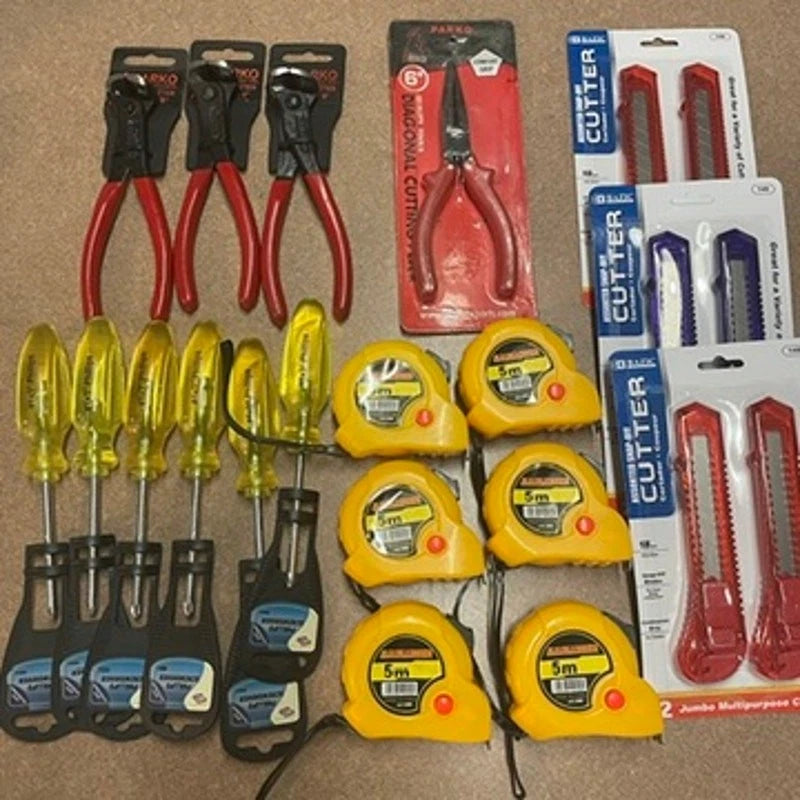 28-Piece Wholesale Tool Lot – Box Cutters, Wire Cutters, Measuring Tapes, Phillips Screwdrivers, Needle Nose Pliers