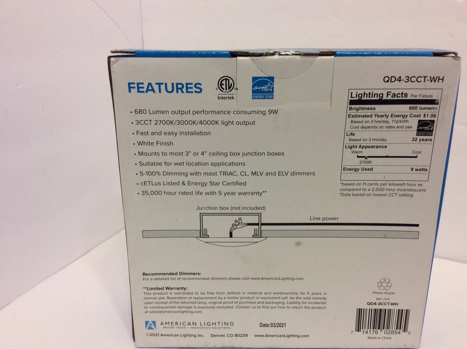 American Lighting QD4-3CCT-WH Quick Disc 4" Light – Dimmable, Energy Saving