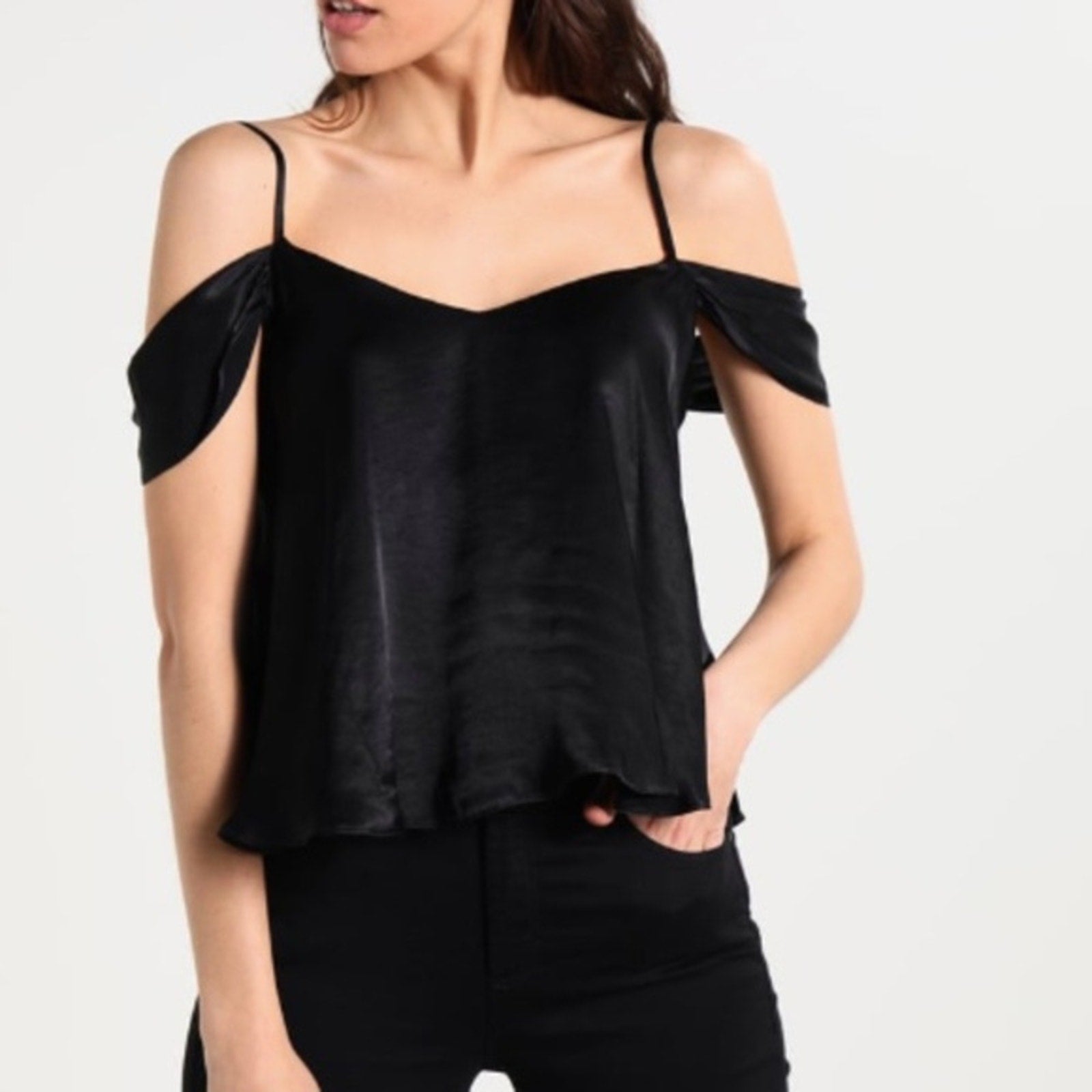 Topshop Women's Black Draped Satin Cold-Shoulder Camisole Tank Top - Size 8