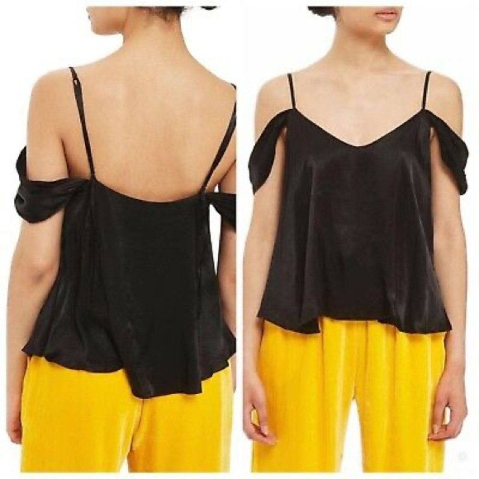 Topshop Women's Black Draped Satin Cold-Shoulder Camisole Tank Top - Size 8