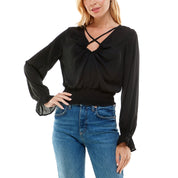 Ultra Flirt Juniors' Keyhole Peasant Blouse, Black - Size Medium