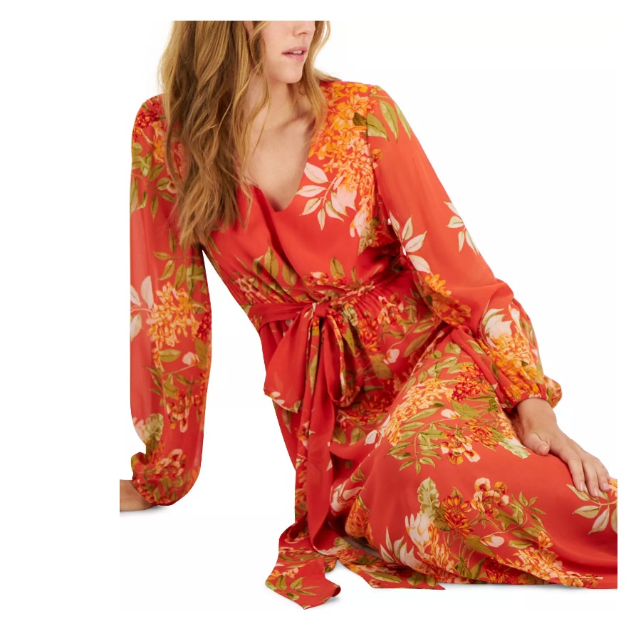 INC Women's Printed Chiffon Tie-Waist Maxi Dress, Mecca Combo - Size 6