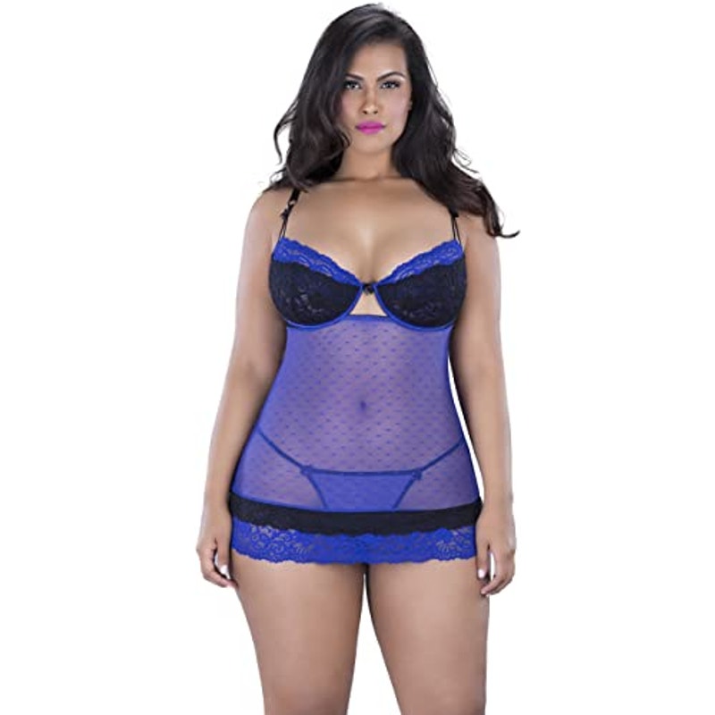Oh La La Cheri Women's Plus Size Tie Back Babydoll with G-String - 2X, Blue/Black